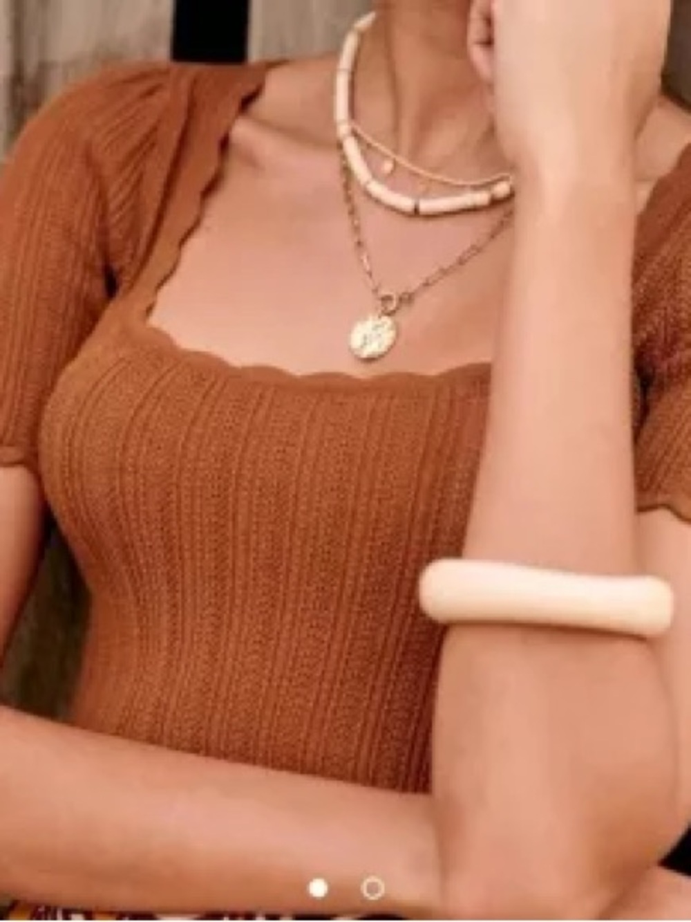 Sezane Anio Scalloped Square-Neck Ribbed Short Sleeve knit Top - Brown